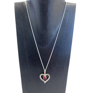 Vintage Womens 925 Heart Pendant Necklace Red Glass & CZ 18 inch Silver Chain